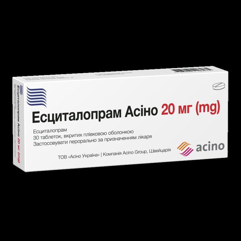 ЕСЦИТАЛОПРАМ АСІНО, таблетки, вкриті плівковою оболонкою по 20 мг №30